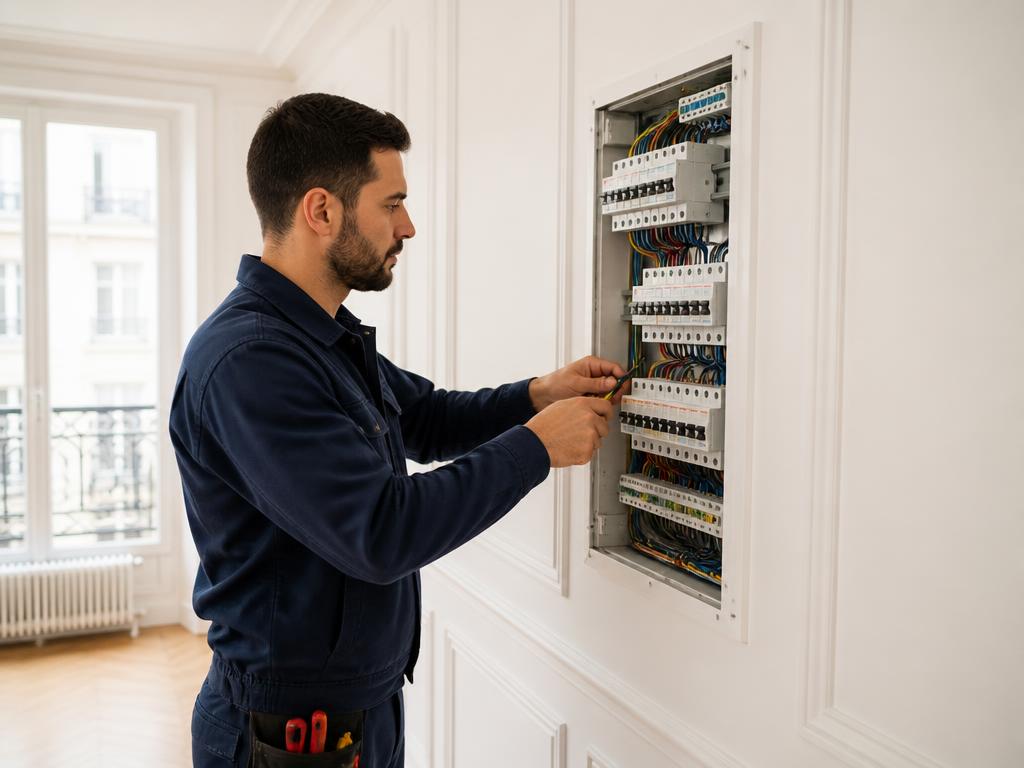 Électricien MM Assistance intervenant sur un tableau électrique dans un appartement parisien